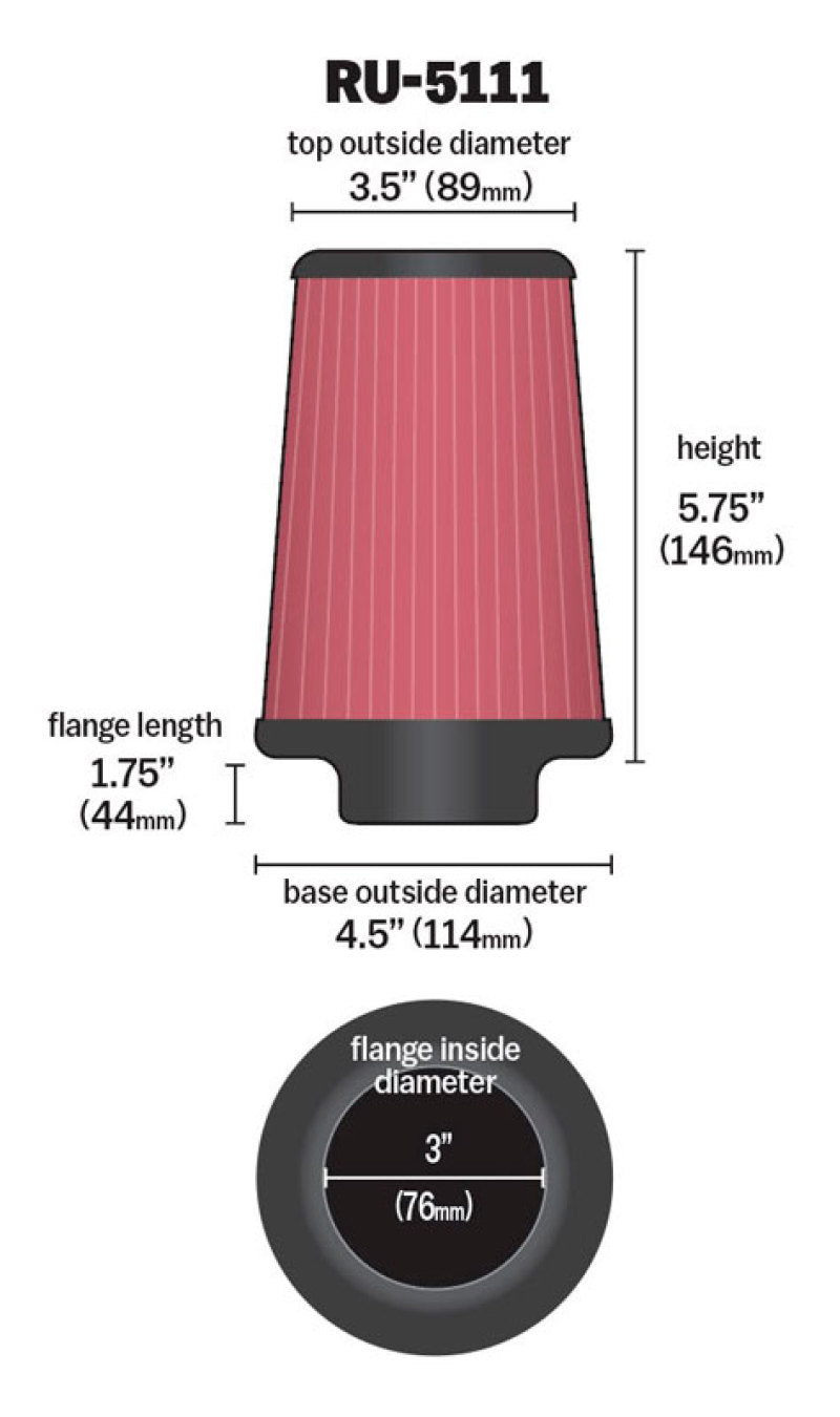K&N Filter Universal Rubber Filter 3 Flange 4 1/2 Base inch 3 1/2 inch Top 5 3/4 inch Height